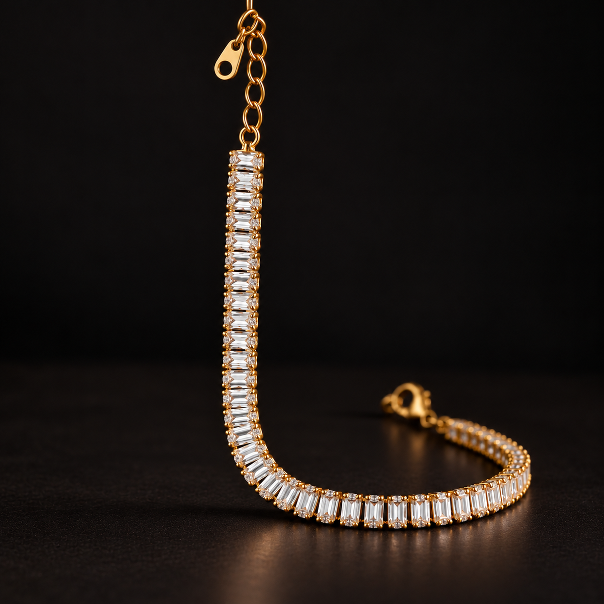 Gold Plated Baguette Crystal Tennis Bracelet for Women – Elegant Adjustable Bracelet