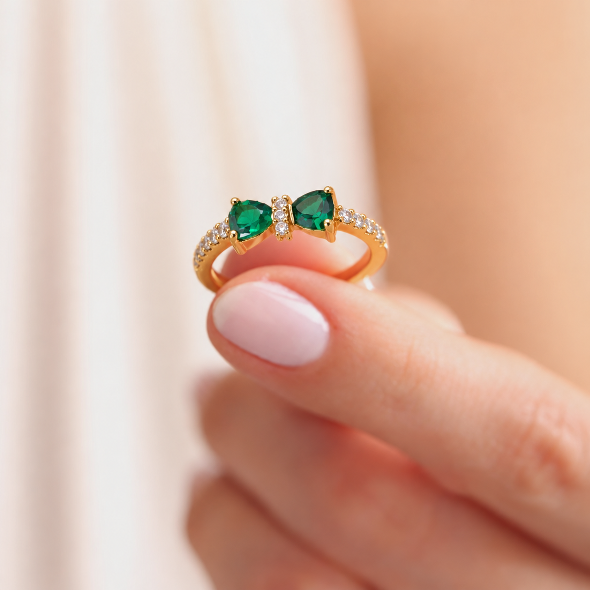 Gold Tone Green Bow Ring with Clear Crystal Accents, Elegant Statement Ring for Women