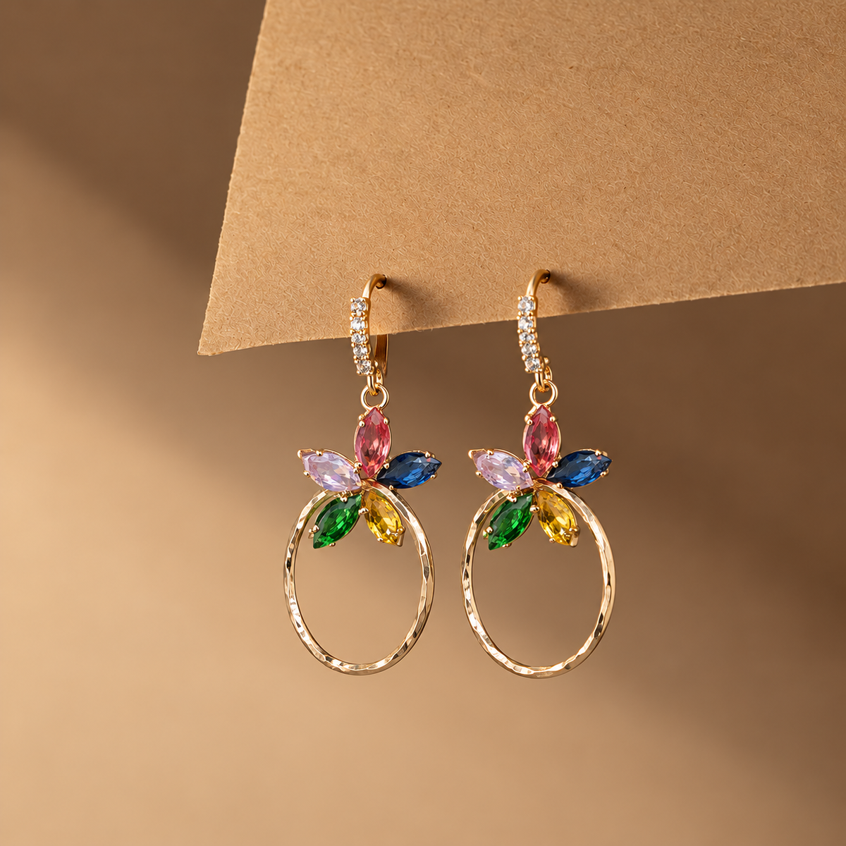Gold Tone Multicolor Marquise Stone Drop Earrings, Crystal Detail Oval Hoop Dangle Earrings, Colorful Statement Jewelry, Gift for Her