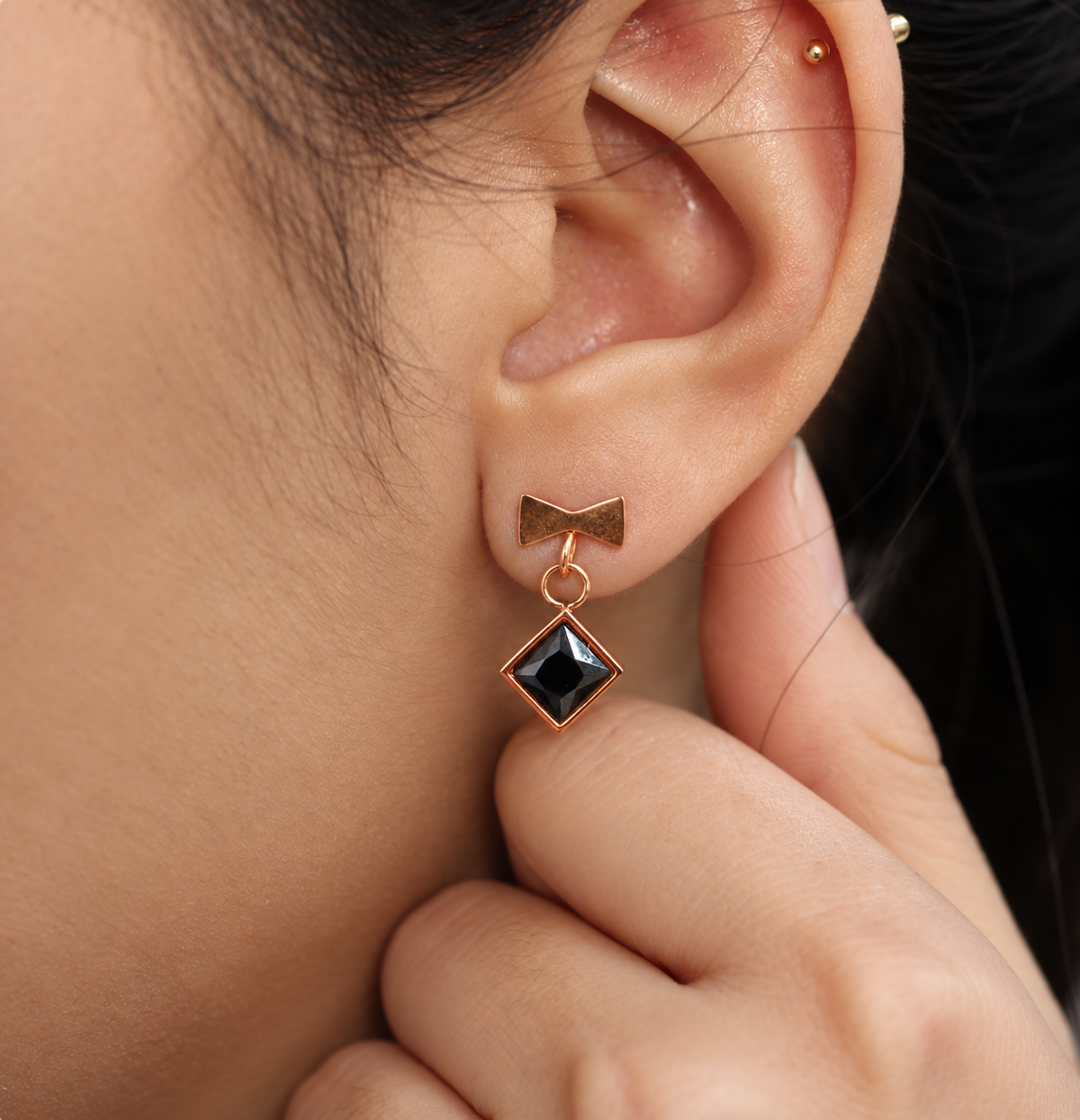Black Square Stone Gold Tone Drop Earrings for Women