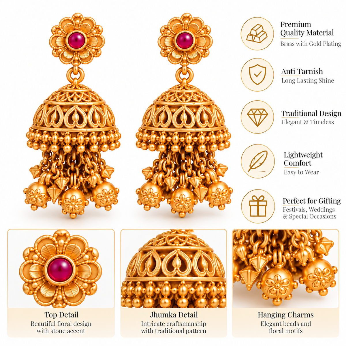 Traditional Gold Tone Bridal Necklace Set with Jhumka Earrings