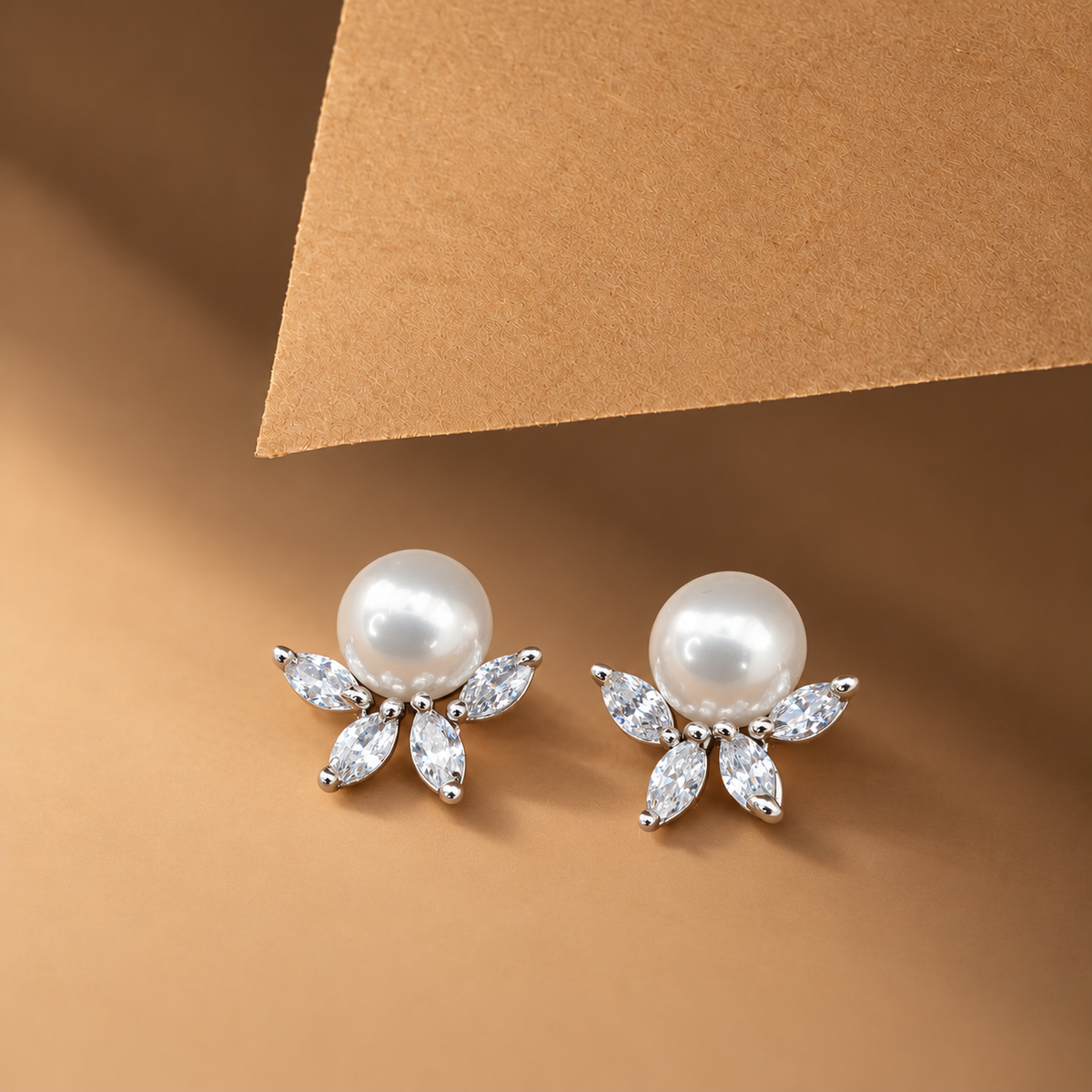 Pearl Flower Stud Earrings with Clear Marquise Crystals, Silver-Tone Floral Earrings, Elegant Gift for Her