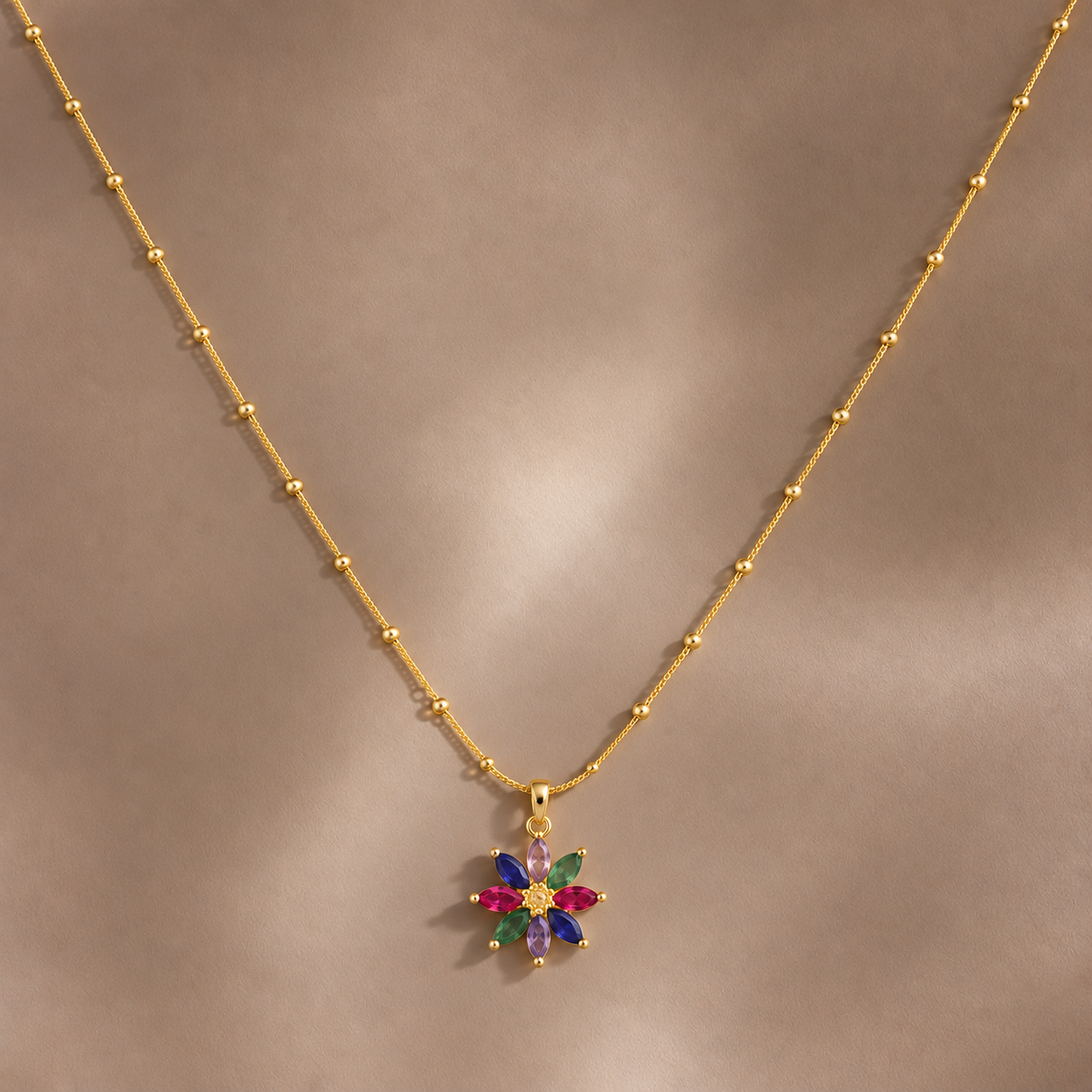Gold Tone Multicolor Floral Pendant Necklace for Women