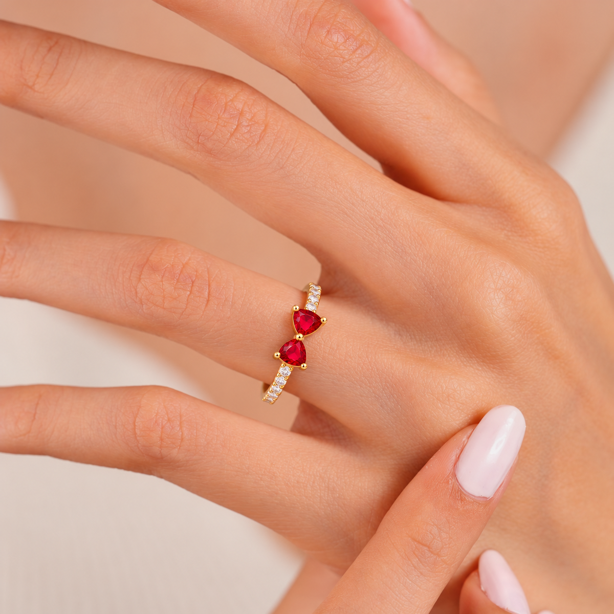 Gold-Tone Red Bow Ring with Clear Stone Accents
