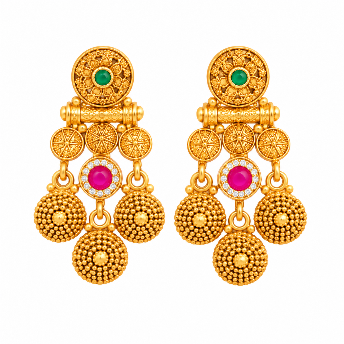 Traditional Gold Tone Pink Green Bridal Necklace & Earrings Set
