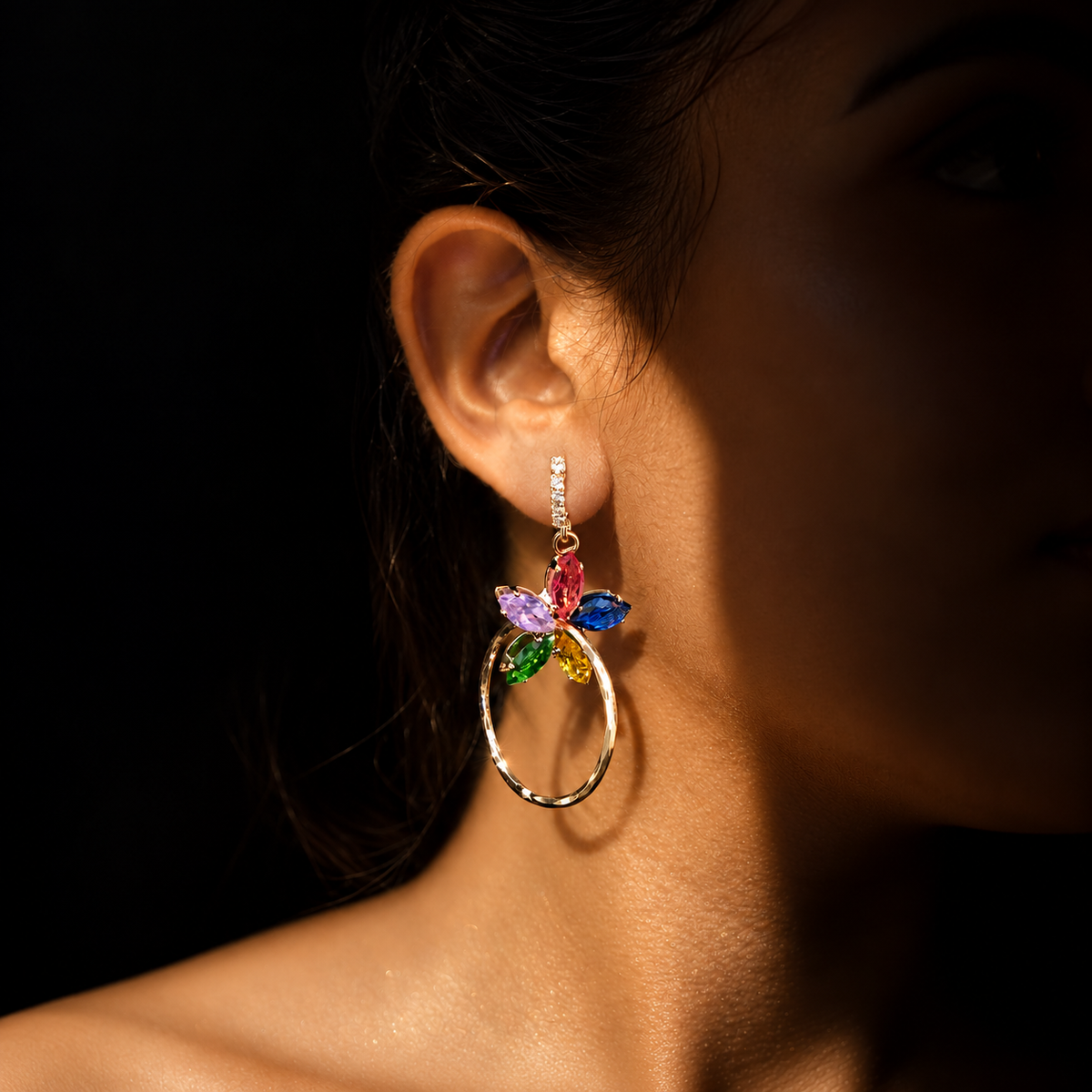 Gold Tone Multicolor Marquise Stone Drop Earrings, Crystal Detail Oval Hoop Dangle Earrings, Colorful Statement Jewelry, Gift for Her
