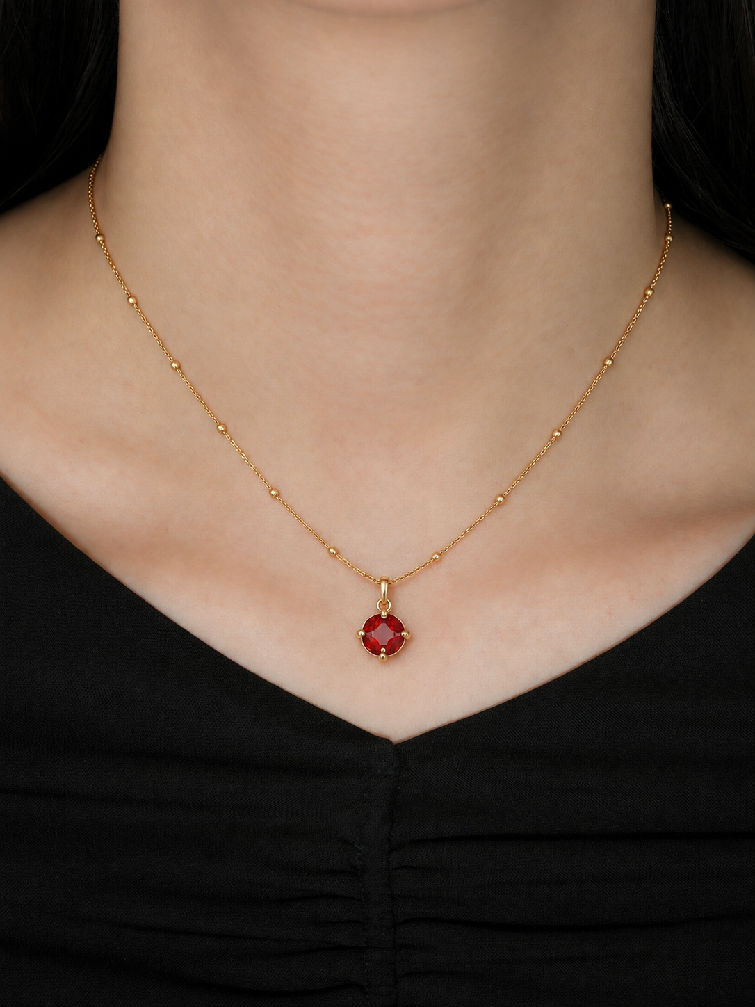 Gold Tone Red Stone Pendant Necklace for Women