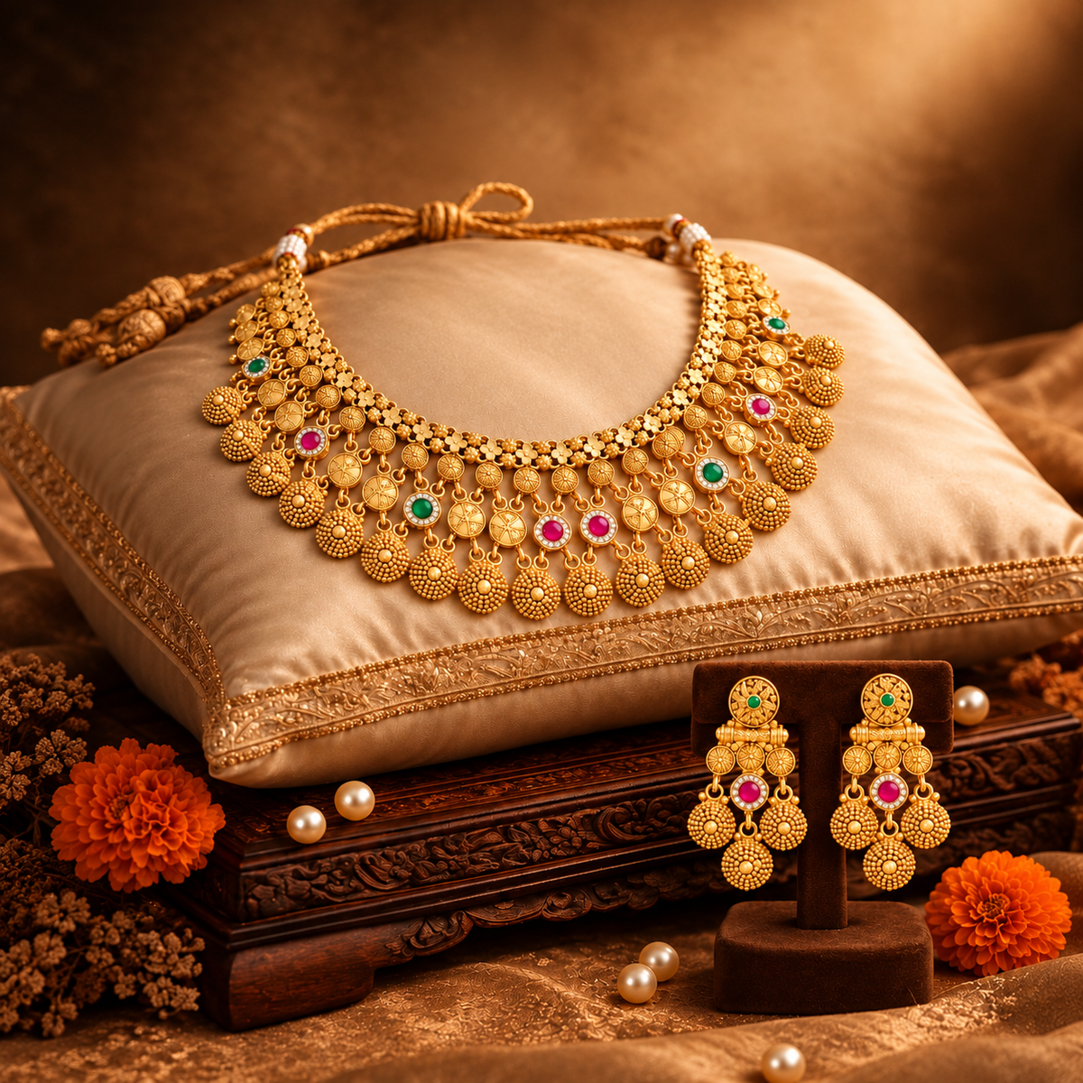 Traditional Gold Tone Pink Green Bridal Necklace & Earrings Set