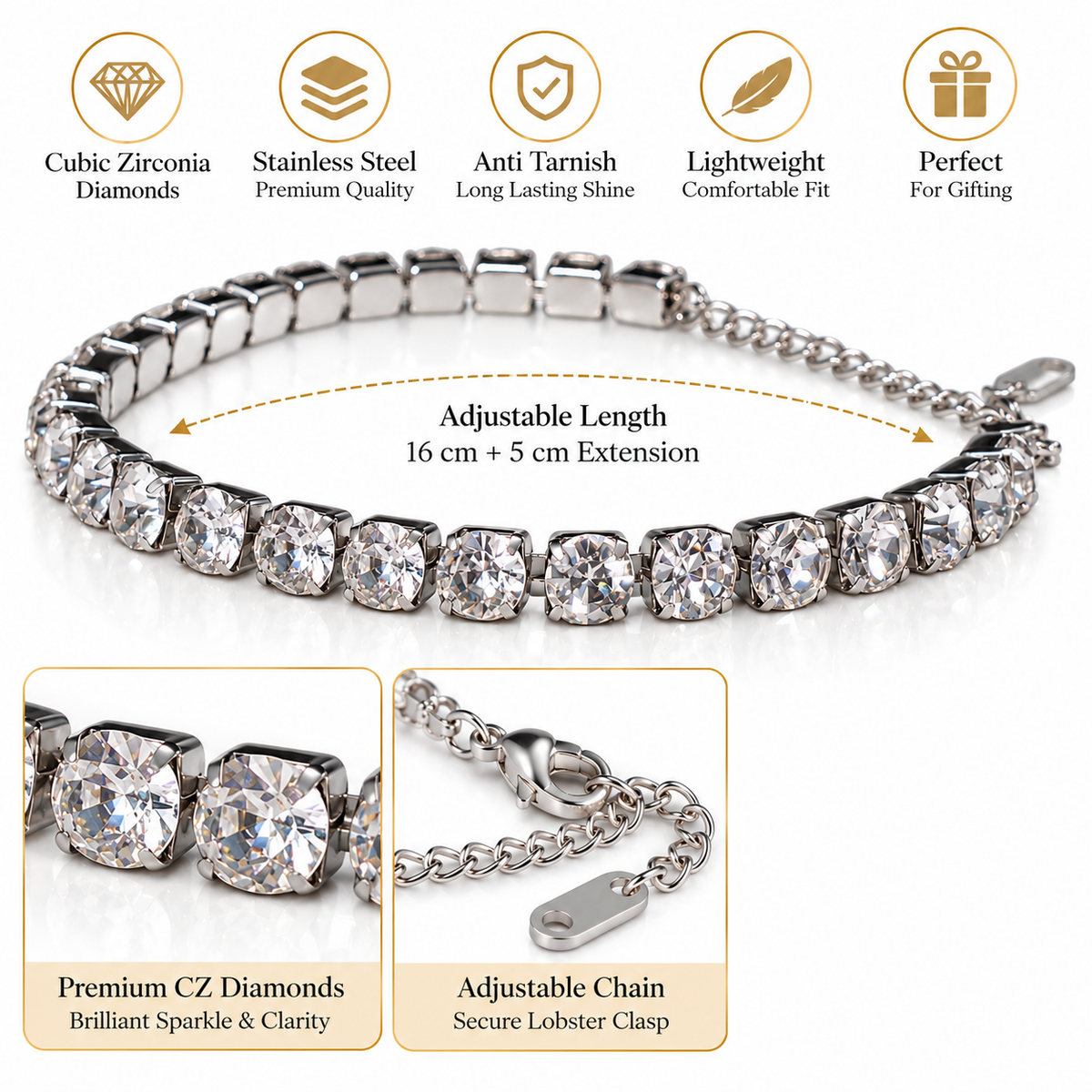 Silver Tone Crystal Tennis Bracelet for Women – Elegant Sparkling Stone Bracelet
