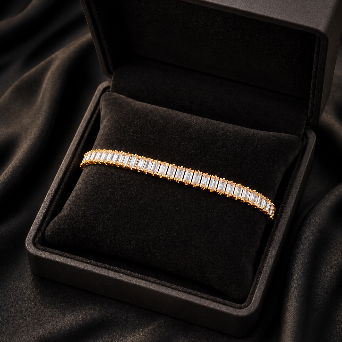 Gold Plated Baguette Crystal Tennis Bracelet for Women – Elegant Adjustable Bracelet