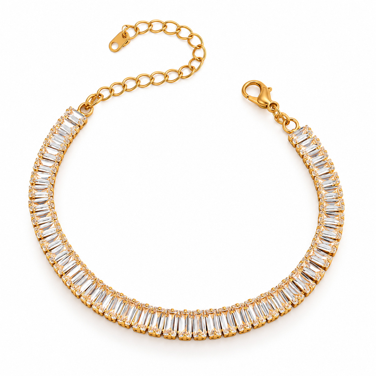 Gold Plated Baguette Crystal Tennis Bracelet for Women – Elegant Adjustable Bracelet
