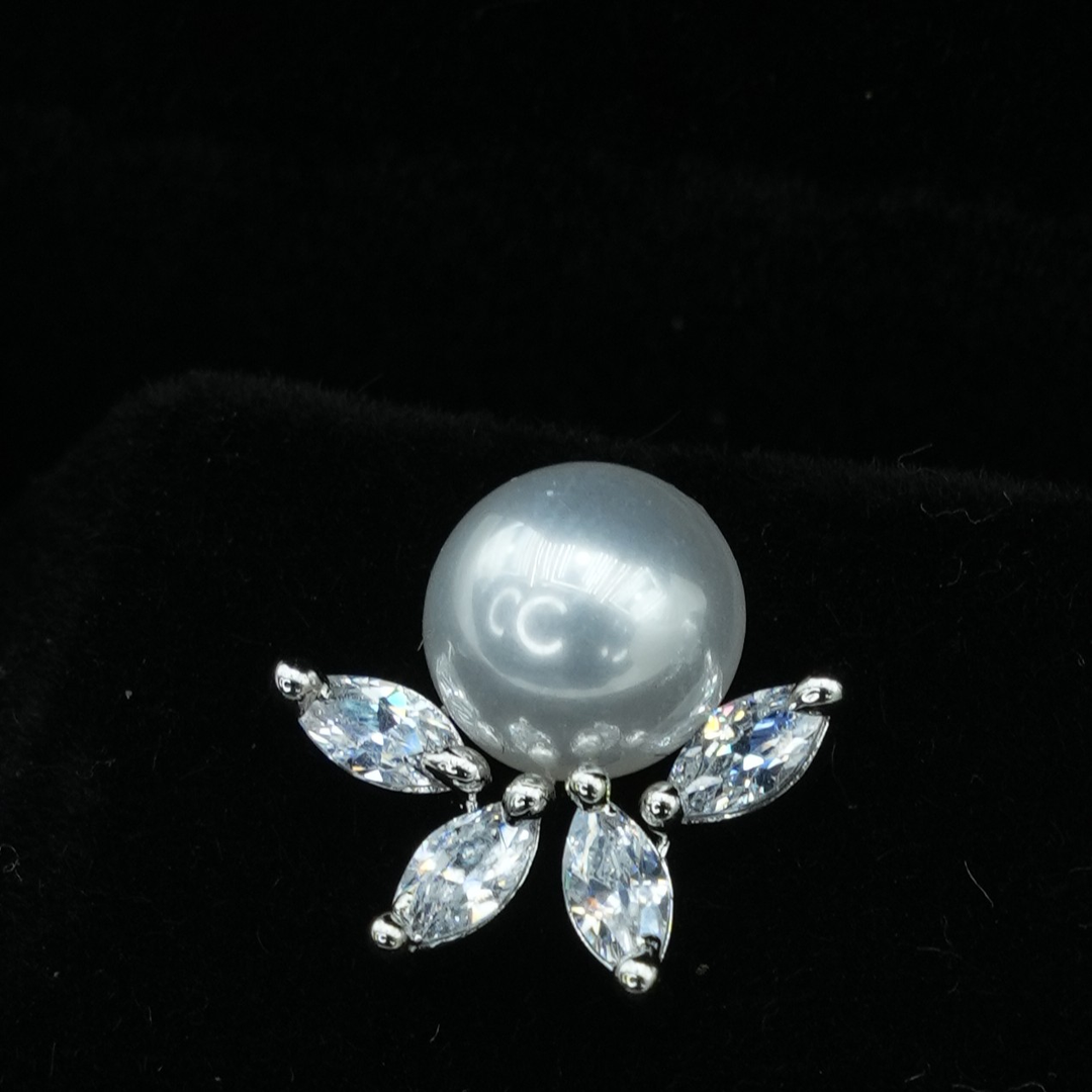 Pearl Flower Stud Earrings with Clear Marquise Crystals, Silver-Tone Floral Earrings, Elegant Gift for Her