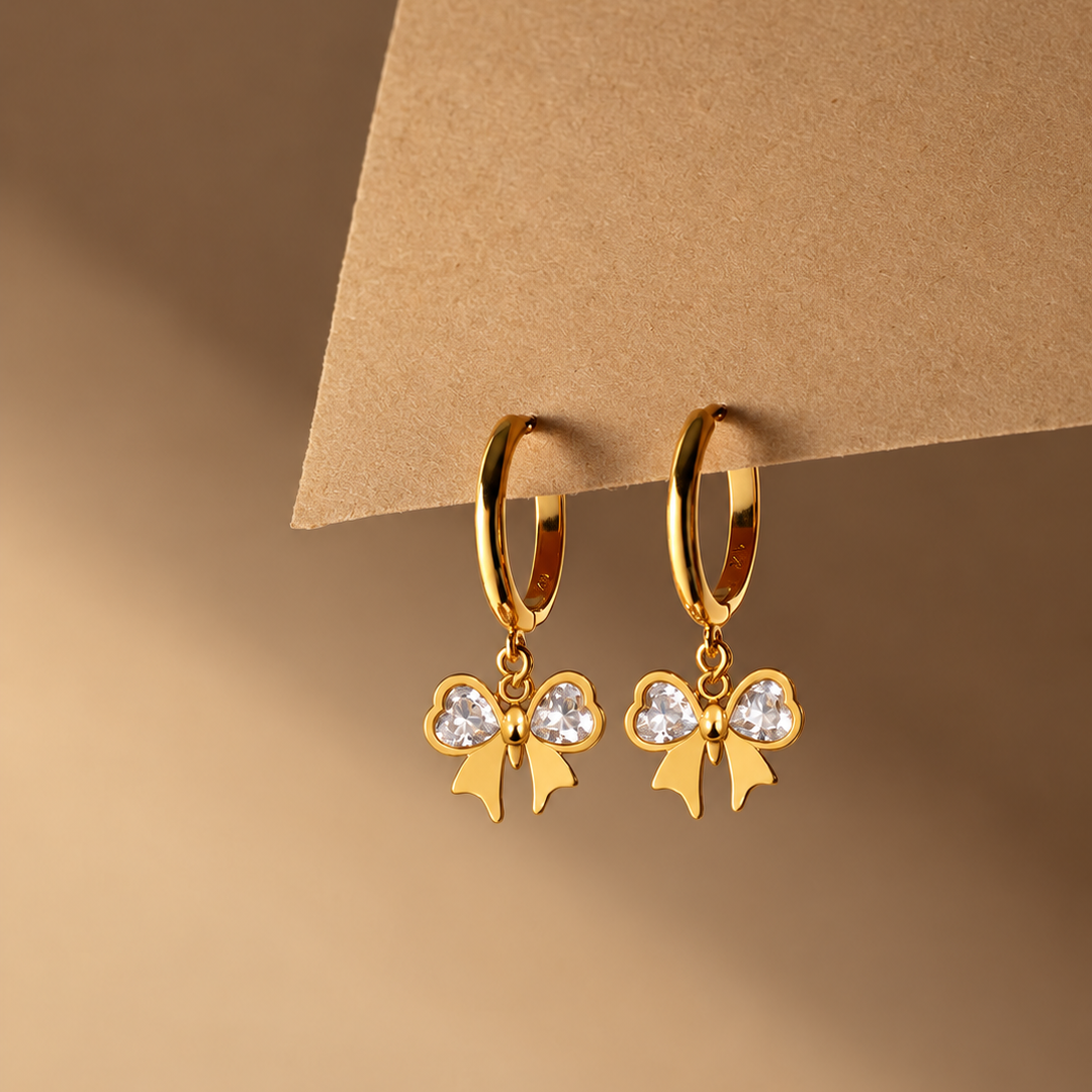 Gold Tone Bow Charm Huggie Hoop Earrings for Women