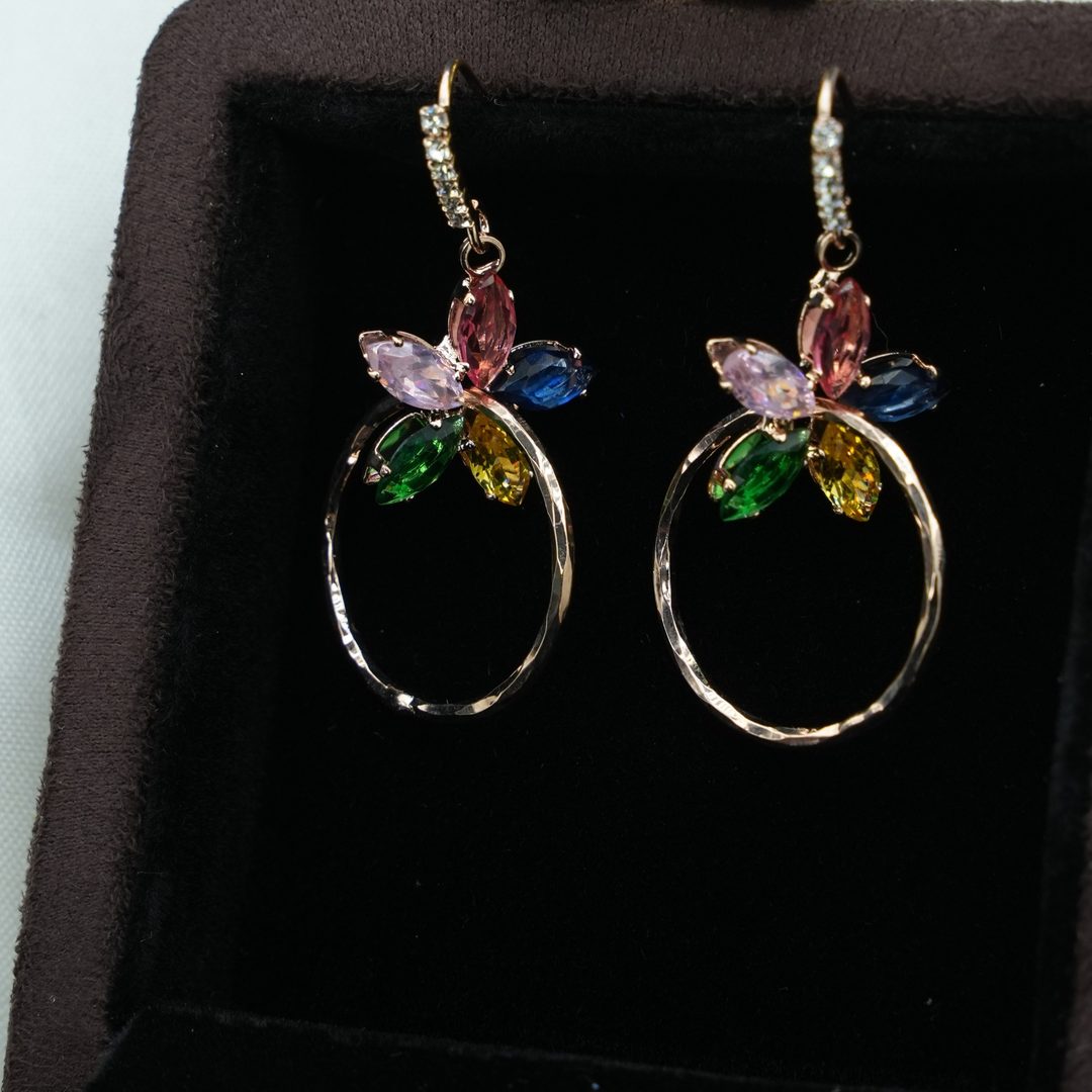 Gold Tone Multicolor Marquise Stone Drop Earrings, Crystal Detail Oval Hoop Dangle Earrings, Colorful Statement Jewelry, Gift for Her