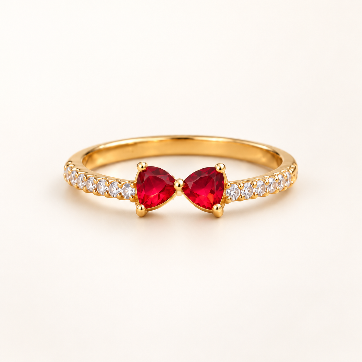 Gold-Tone Red Bow Ring with Clear Stone Accents