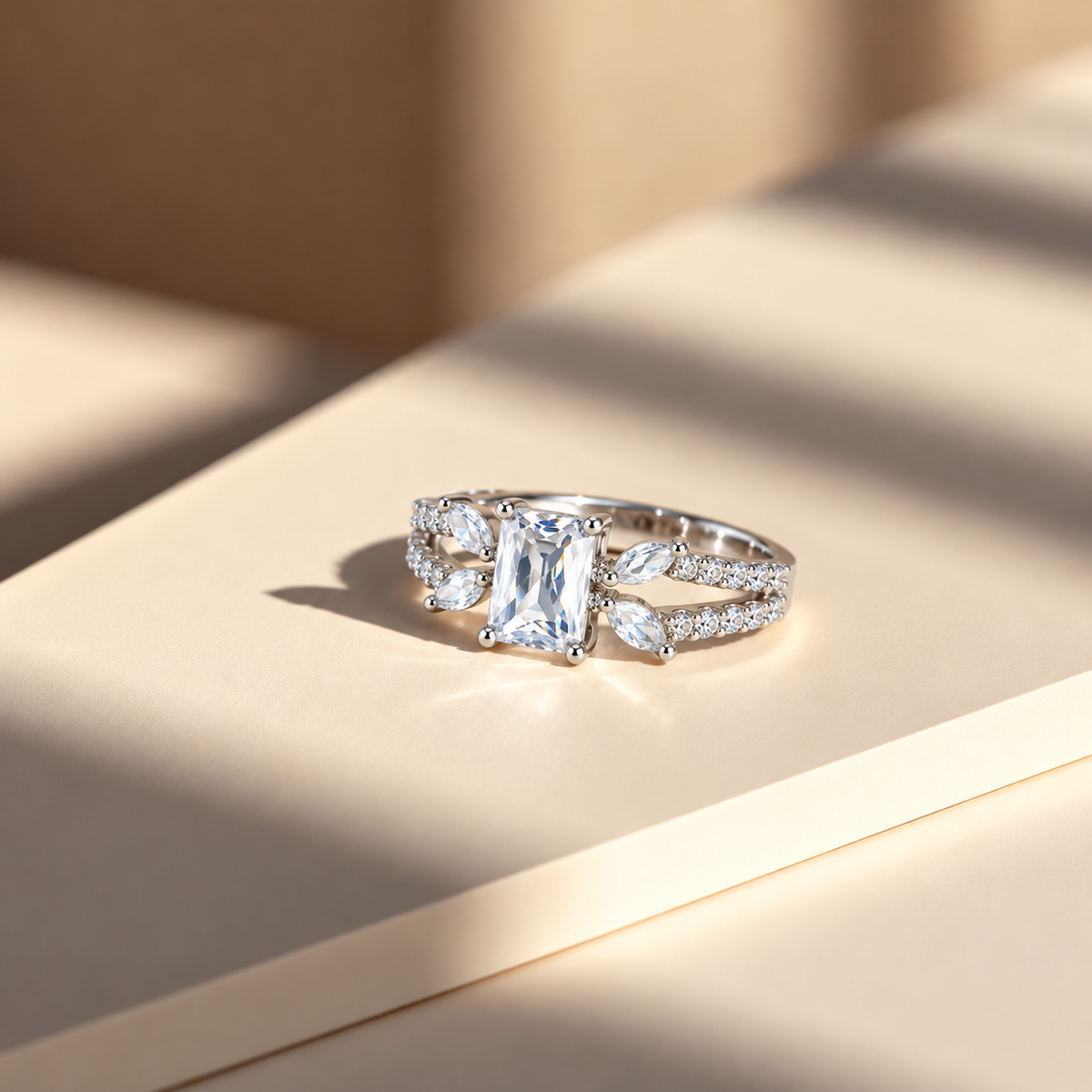 Silver-Tone Emerald-Cut Style Ring with Marquise and Pavé Accents