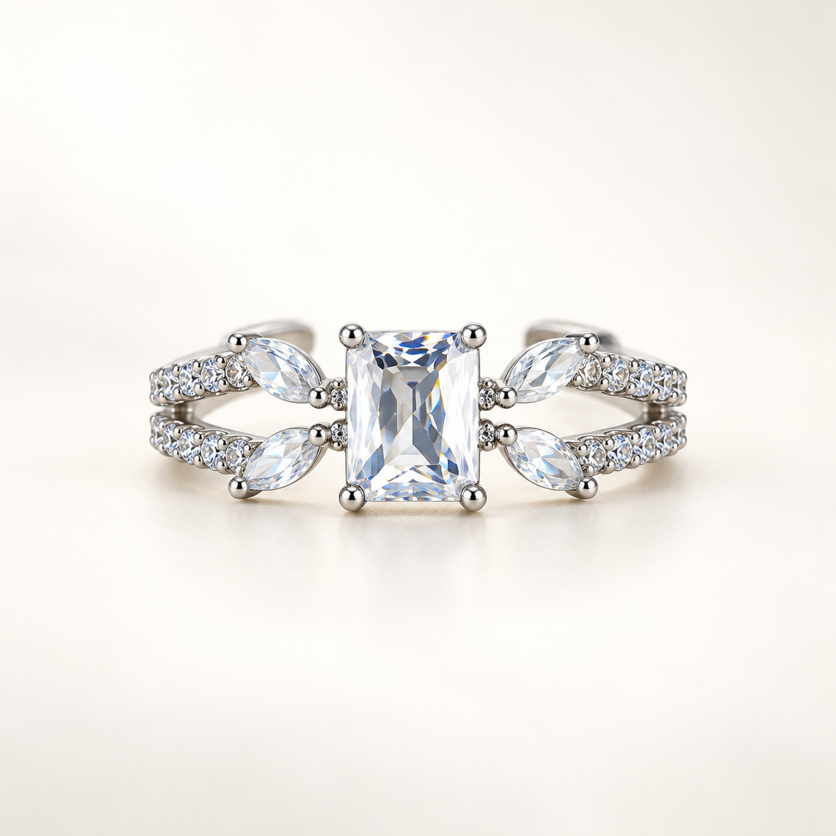 Silver-Tone Emerald-Cut Style Ring with Marquise and Pavé Accents