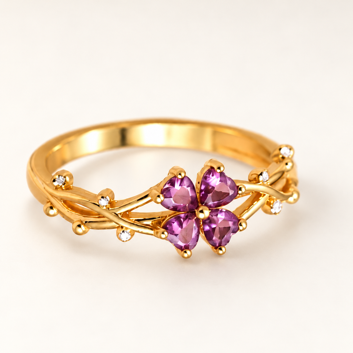 Gold Tone Purple Heart Flower Ring with Clear Stone Accents, Floral Statement Ring for Women