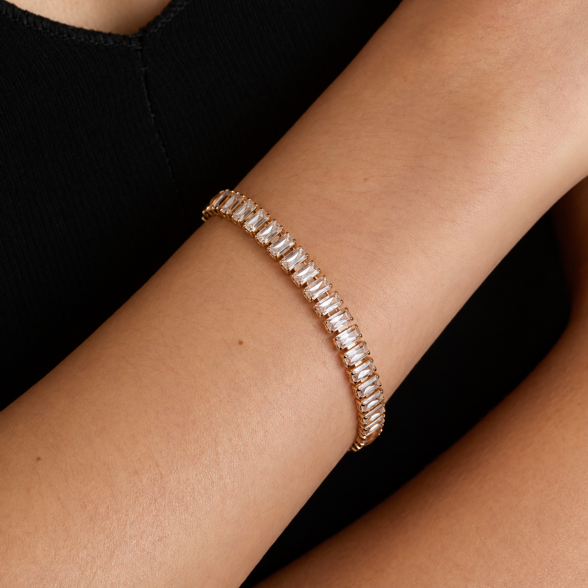 Gold Plated Baguette Crystal Tennis Bracelet for Women – Elegant Adjustable Bracelet