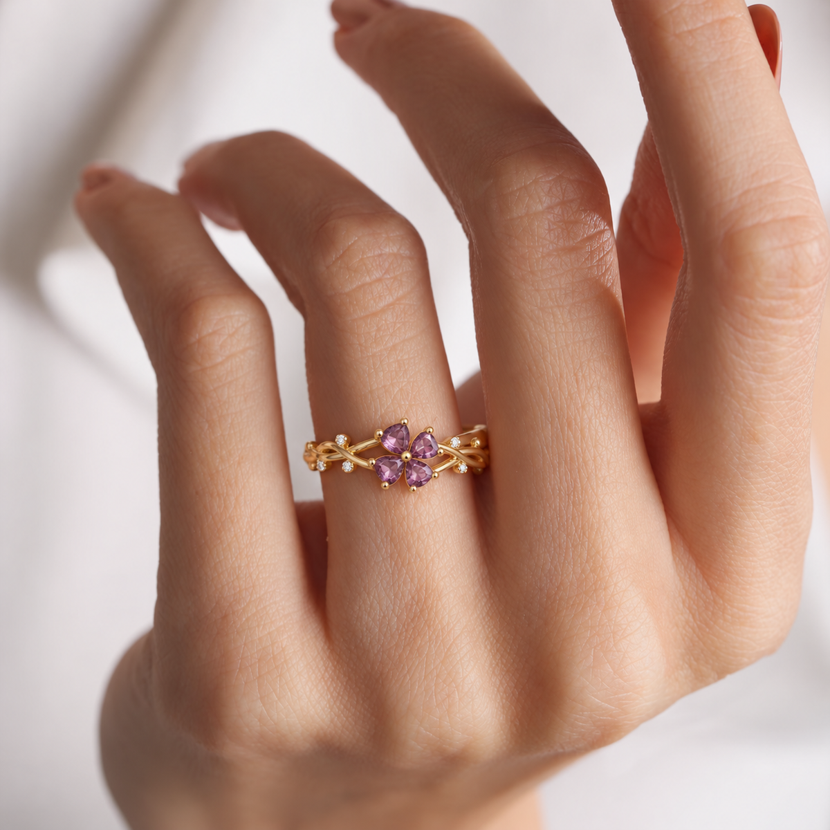 Gold Tone Purple Heart Flower Ring with Clear Stone Accents, Floral Statement Ring for Women