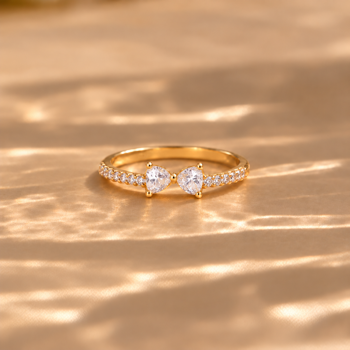 Gold Bow Ring with Heart-Shaped Clear Stones, Pavé Band, Dainty Gold-Tone Ring for Her