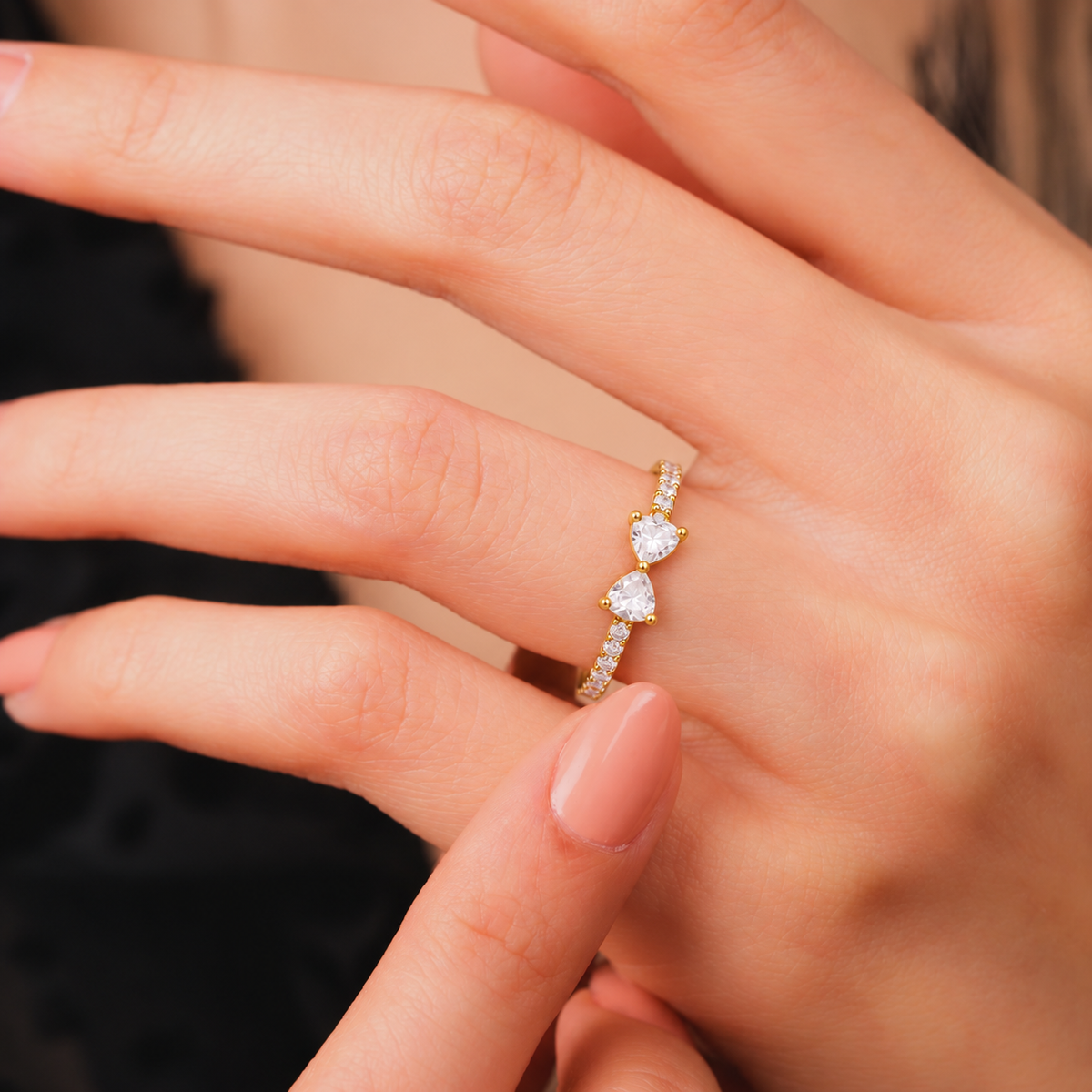 Gold Bow Ring with Heart-Shaped Clear Stones, Pavé Band, Dainty Gold-Tone Ring for Her