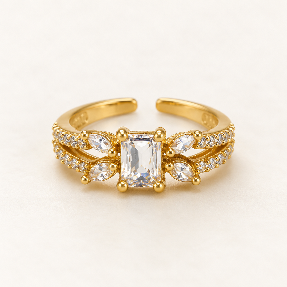 Gold Tone Emerald Cut Clear Stone Statement Ring, Marquise Crystal Split Band
