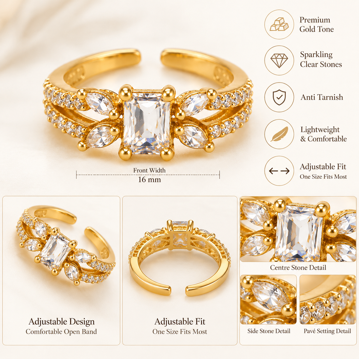 Gold Tone Emerald Cut Clear Stone Statement Ring, Marquise Crystal Split Band